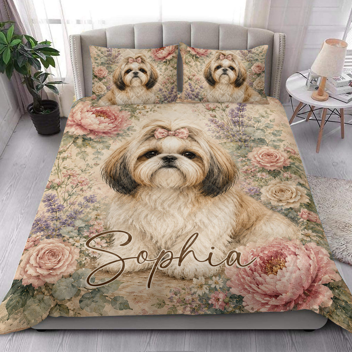 Shih Tzu floral quilt styled on a modern bedroom bed with matching dog portrait pillows