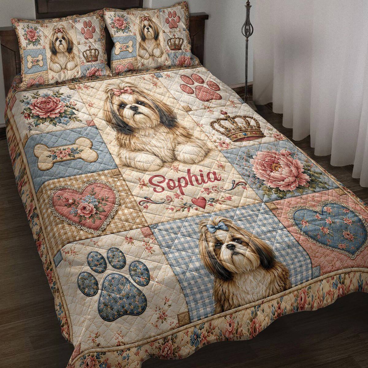 Shih Tzu quilt blanket displayed on a bed with floral panels, paw prints, hearts, bones, and crowns
