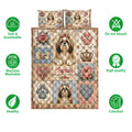 Shih Tzu quilt bedding set shown with floral patchwork artwork and soft, breathable care icons