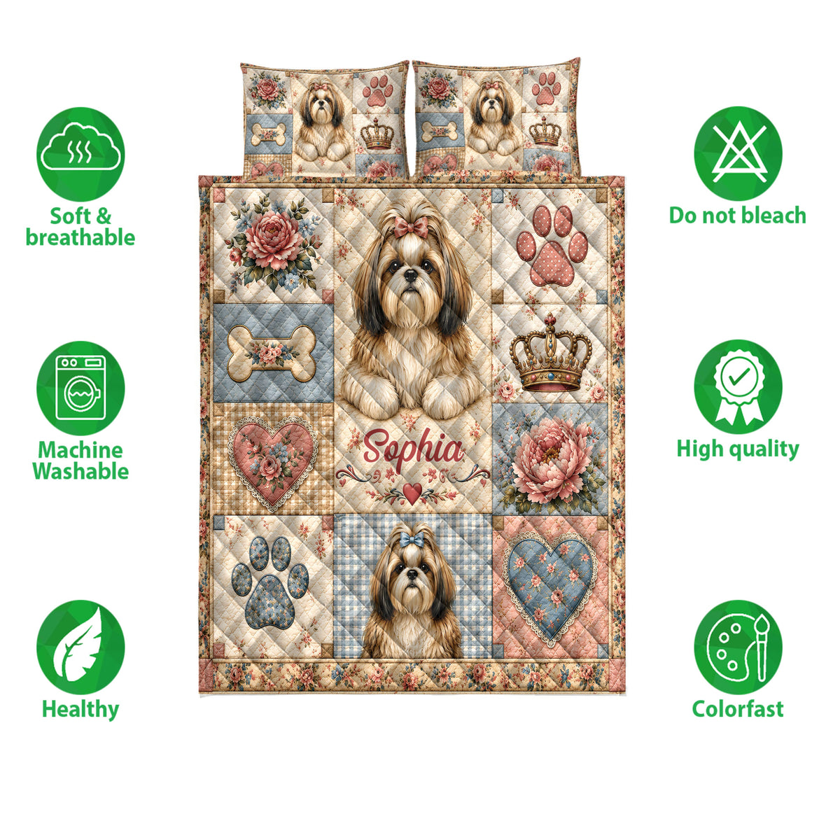 Shih Tzu quilt bedding set shown with floral patchwork artwork and soft, breathable care icons