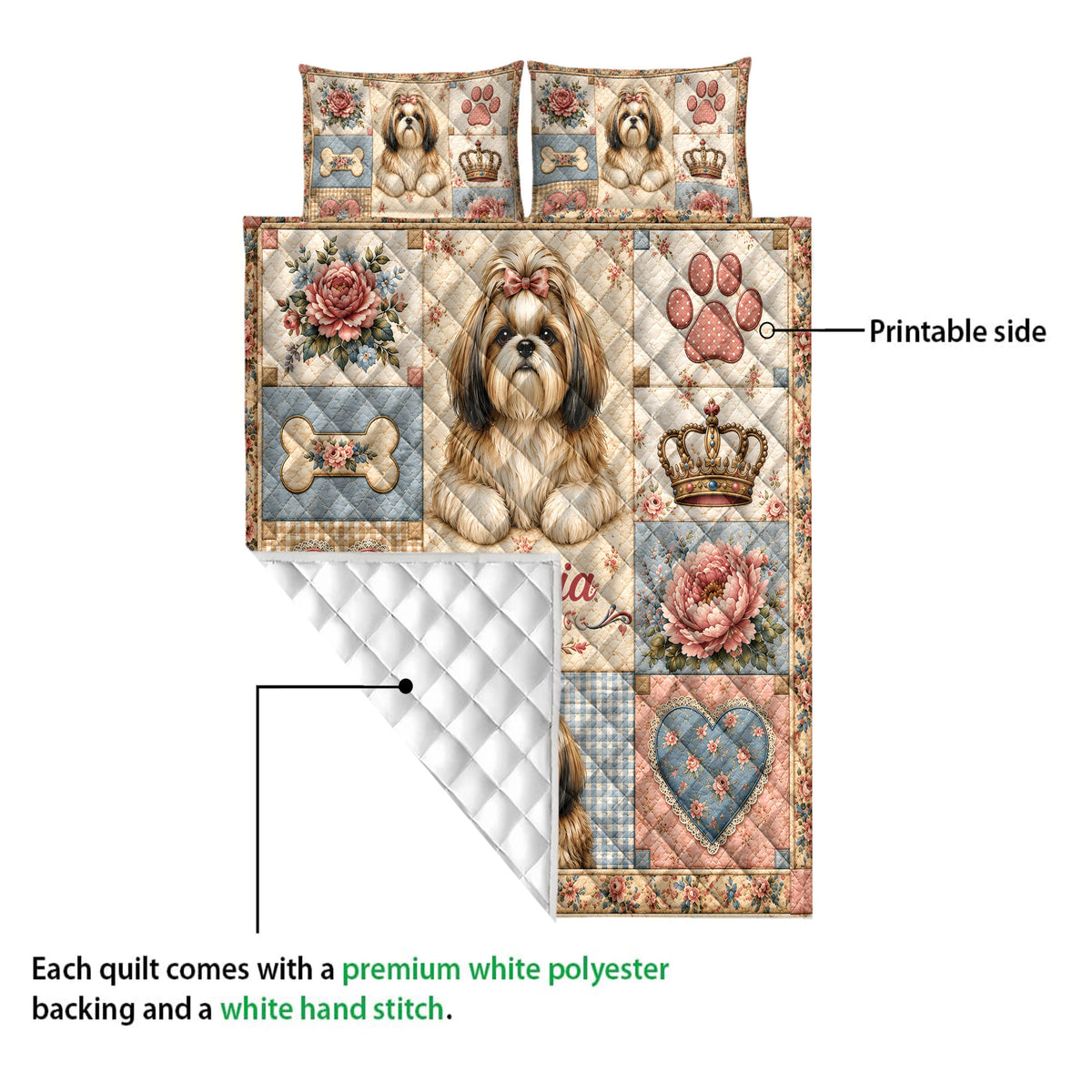 Shih Tzu quilt showing the printed front design and white quilted backing in a product detail view