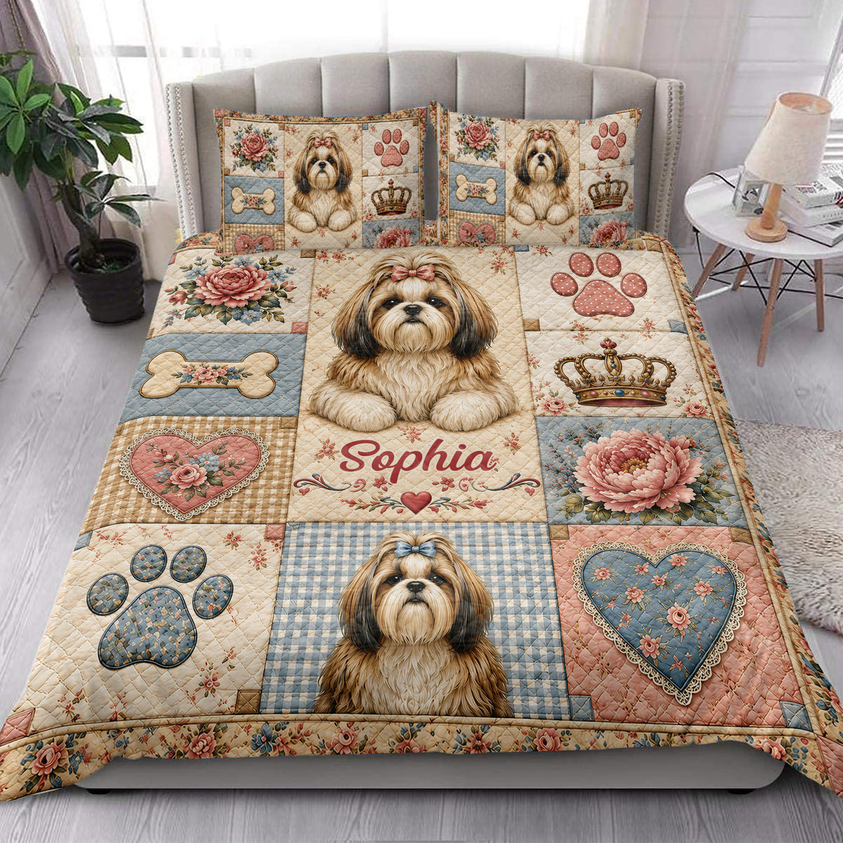 Shih Tzu quilt blanket styled on a bright bedroom bed with floral, heart, paw, and crown artwork