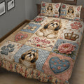 Shih Tzu quilt bedding displayed in a cozy bedroom with floral patchwork and paw print details