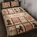 Poodle quilt blanket spread across a bed with pink hearts, floral accents, and brown patchwork panels