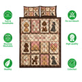 Poodle quilt bedding set displayed with matching pillow designs and product feature icons