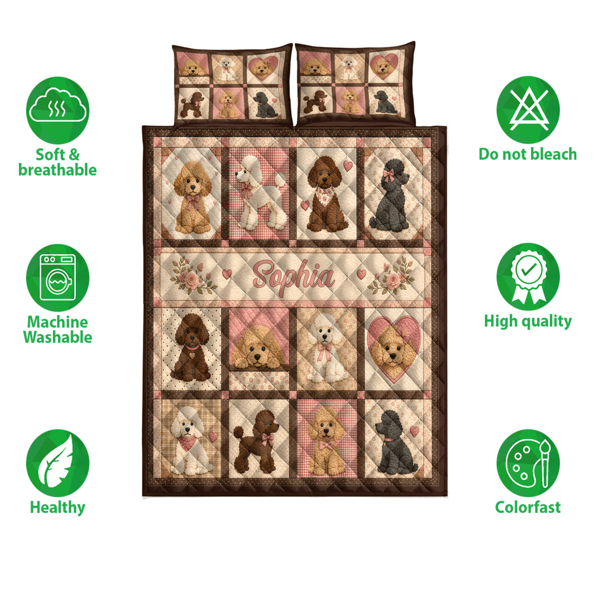 Poodle quilt bedding set displayed with matching pillow designs and product feature icons