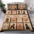 Poodle quilt blanket styled on a bright bedroom bed with matching poodle pillow designs