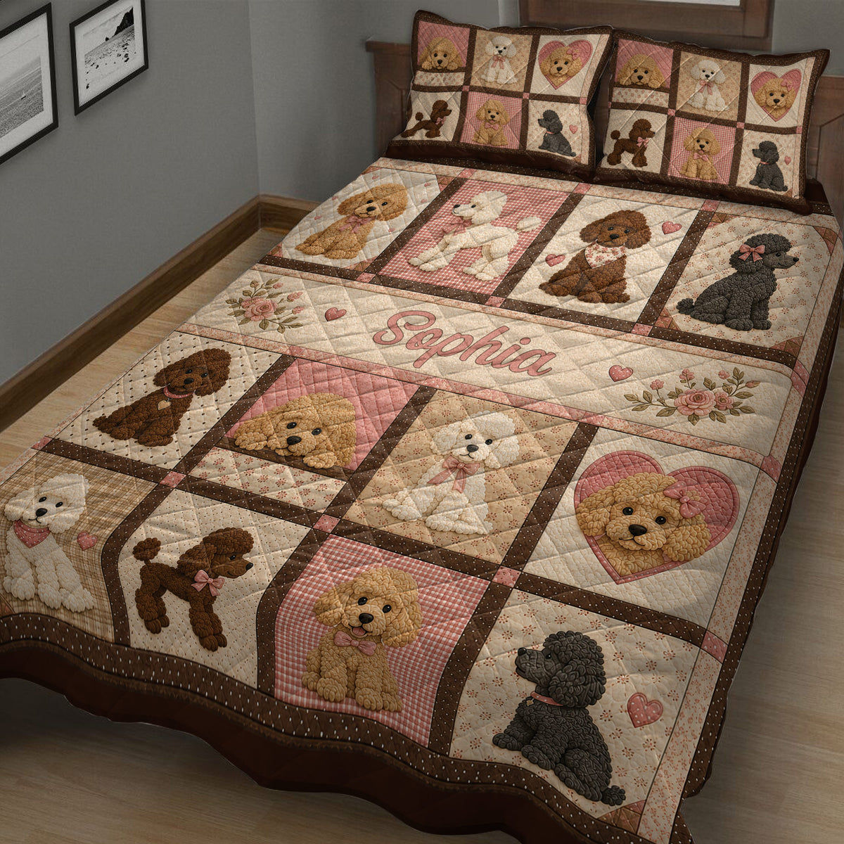 Close view of poodle quilt bedding with colorful dog portraits, hearts, florals, and patchwork panels