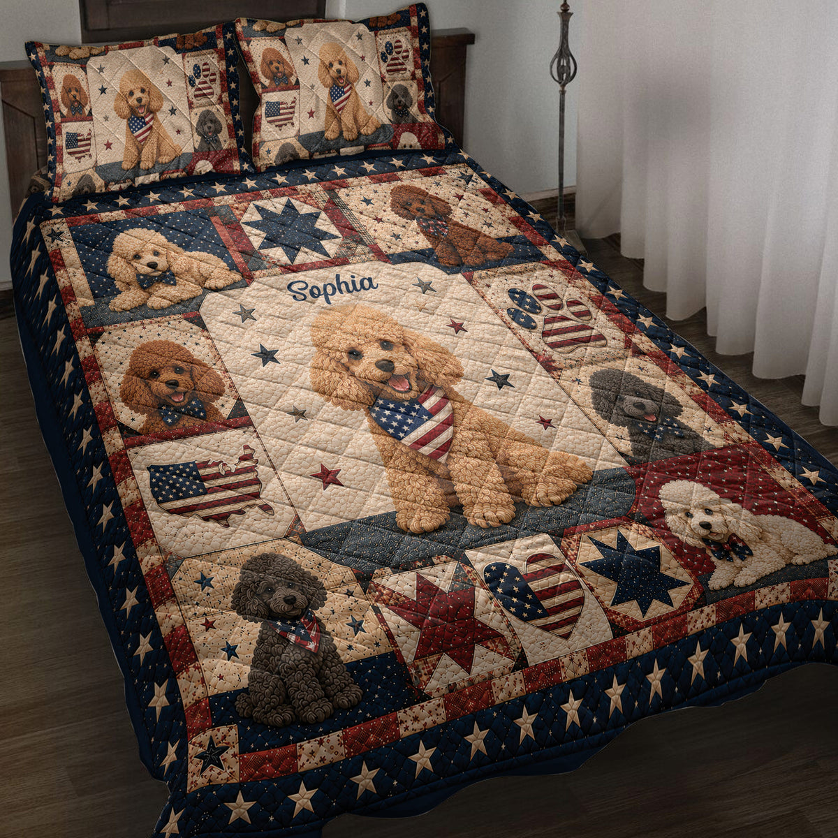 Poodle quilt blanket displayed on a bed with patriotic stars, flags, and multiple poodle portraits