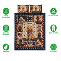 Patriotic poodle quilt bedding set shown flat with coordinating pillow designs and feature icons