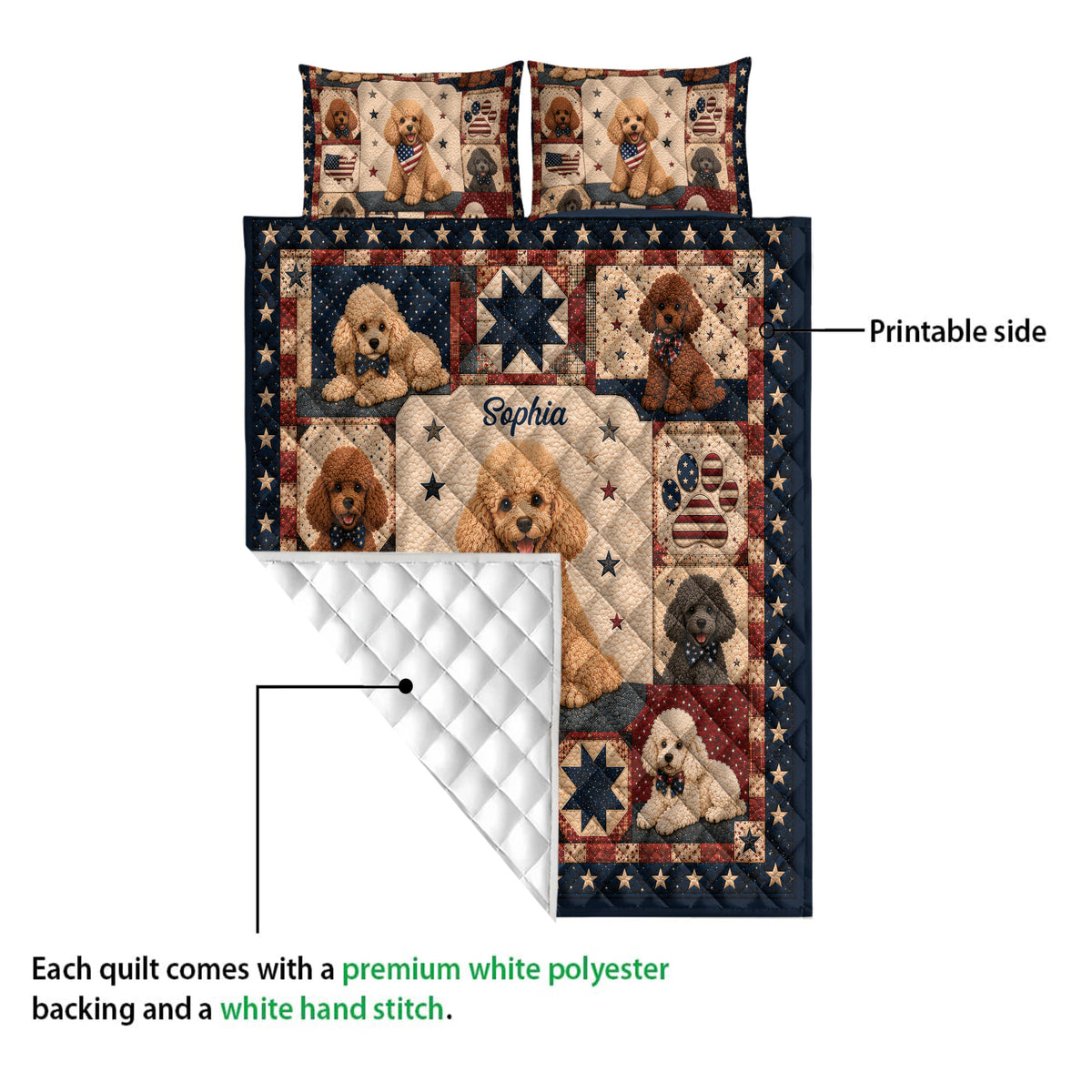 Poodle quilt blanket corner showing the printed front design and white quilted backing