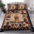 Patriotic poodle quilt bedding styled in a bright bedroom with coordinating pillow designs