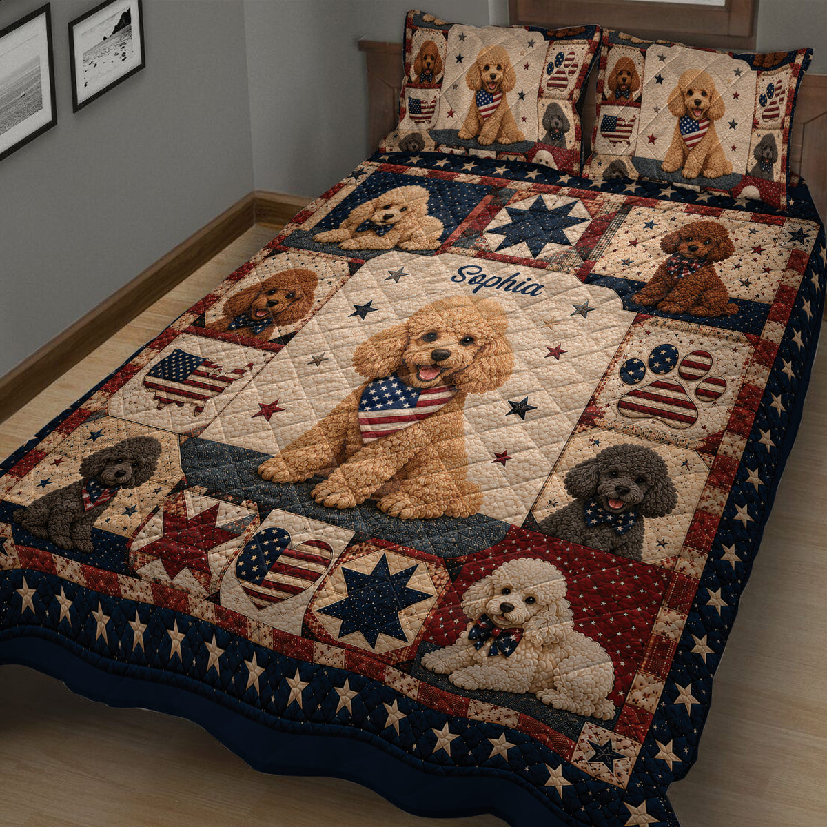 Close bedroom view of a poodle quilt blanket featuring star blocks, flag motifs, and colorful dog portraits