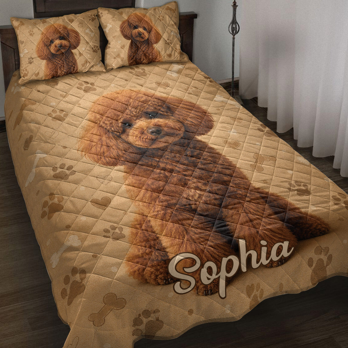 Poodle quilt blanket displayed on a bed with matching dog portrait pillows, paws, hearts, and bones