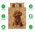 Poodle quilt bedding set shown with matching portrait pillows and feature icons around the design