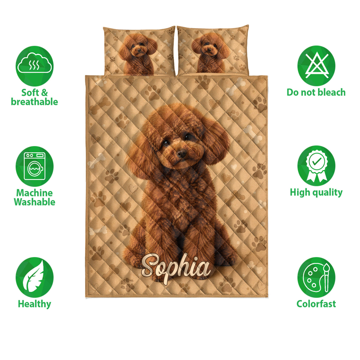 Poodle quilt bedding set shown with matching portrait pillows and feature icons around the design