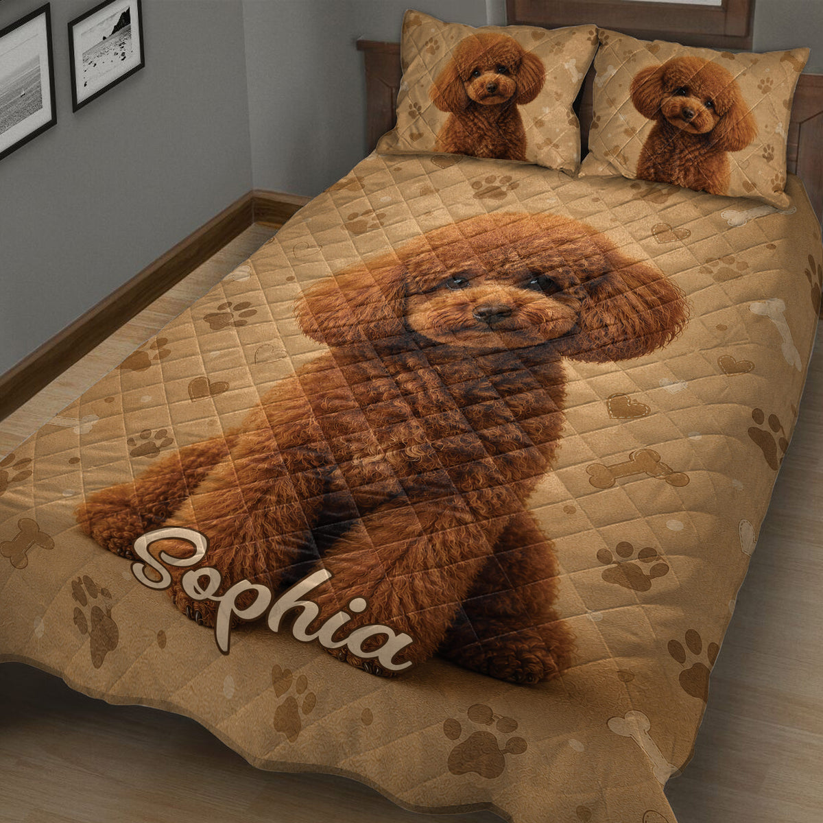 Brown poodle quilt blanket displayed across a bed with dog portraits, paw prints, hearts, and bones