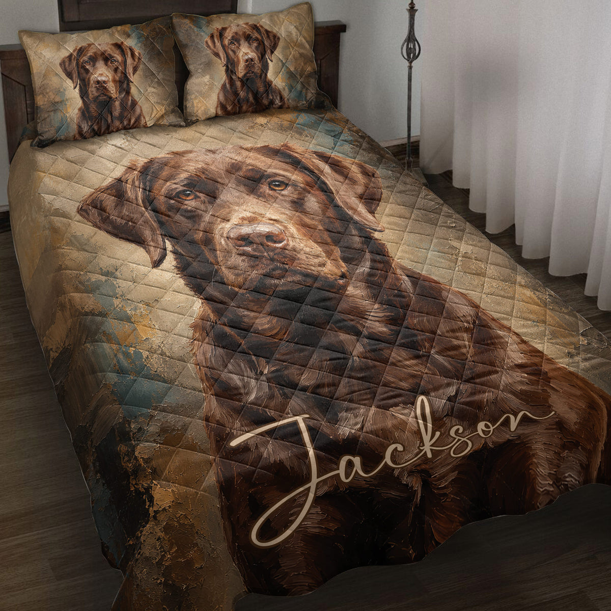 Labrador Retriever quilt blanket displayed on a bed with large brown dog artwork and matching printed pillows