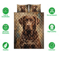 Labrador Retriever quilt bedding set with painterly brown dog artwork and visible care and quality icons