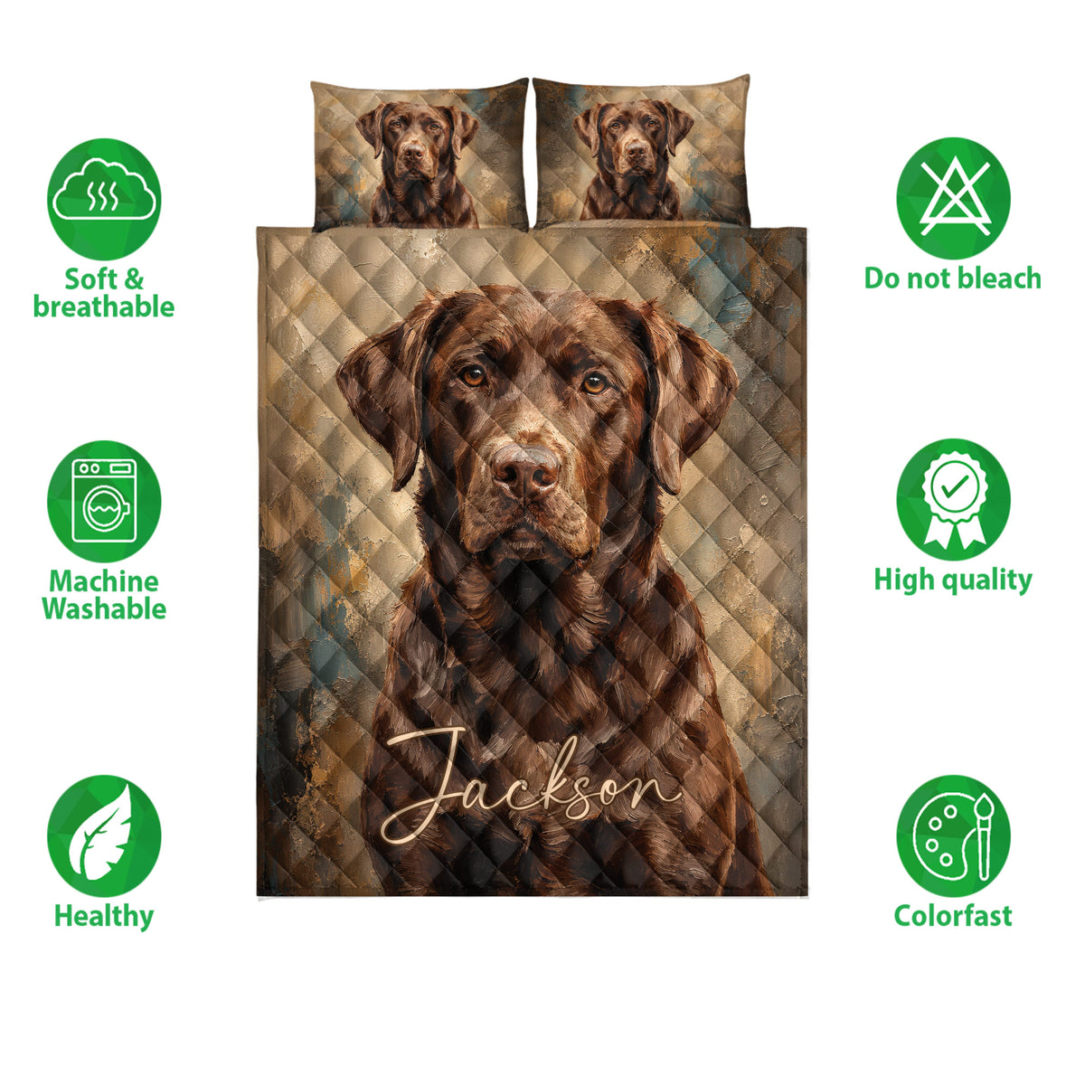 Labrador Retriever quilt bedding set with painterly brown dog artwork and visible care and quality icons