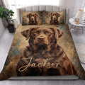 Labrador Retriever quilt blanket styled on a bedroom bed with a large expressive brown dog portrait