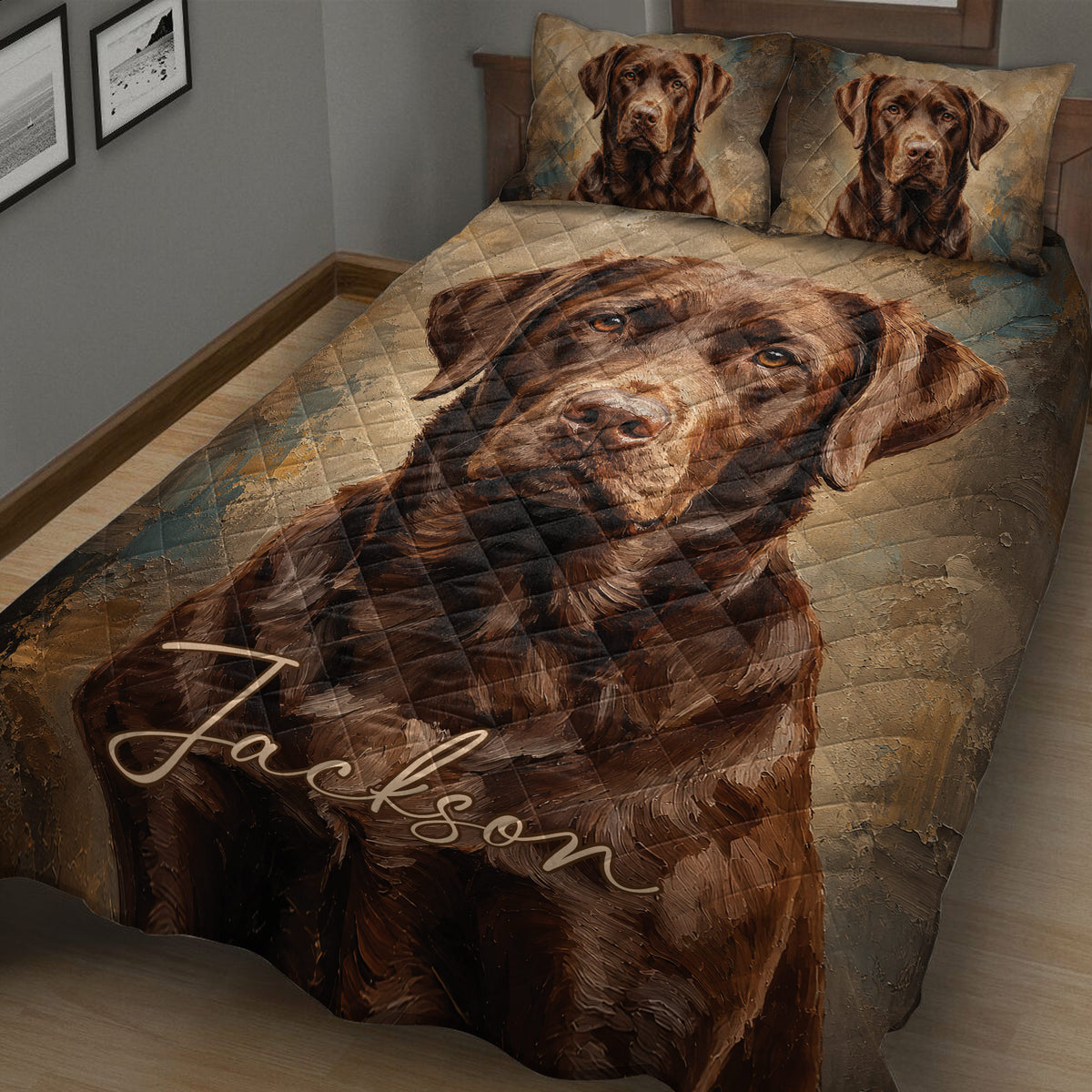 Close bedroom view of a Labrador Retriever quilt blanket featuring detailed brown dog artwork