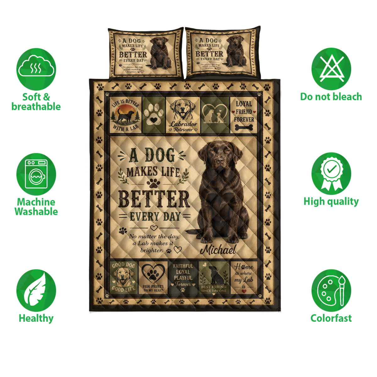 Labrador Retriever quilt bedding set shown flat with dog artwork, paw print borders, and product feature icons