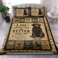 Labrador Retriever quilt bedding styled in a bright bedroom with dog artwork and rustic neutral tones