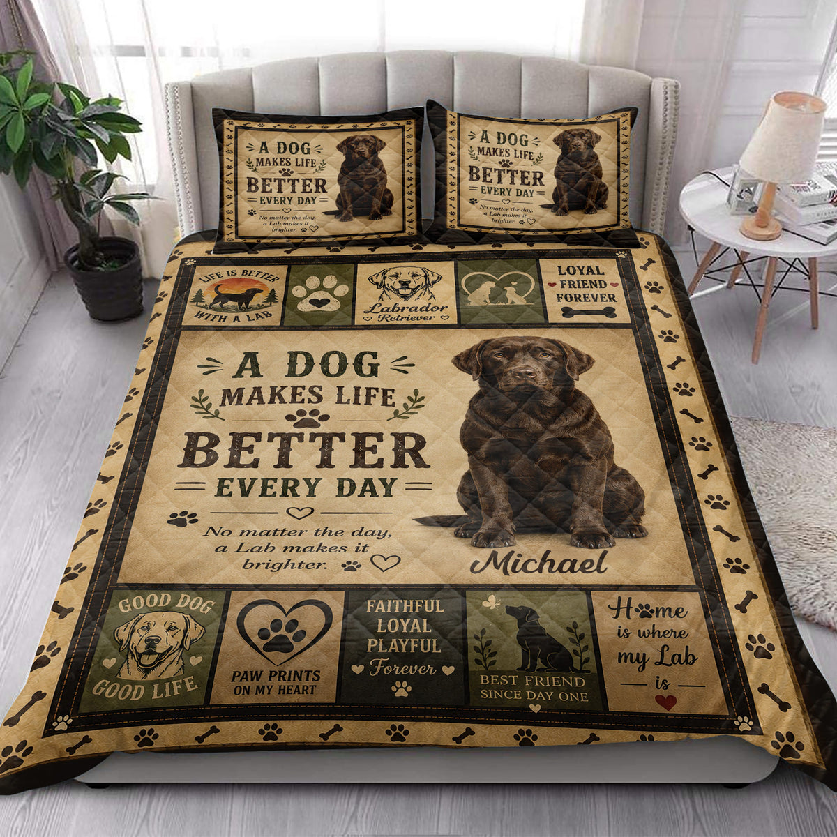 Labrador Retriever quilt bedding styled in a bright bedroom with dog artwork and rustic neutral tones