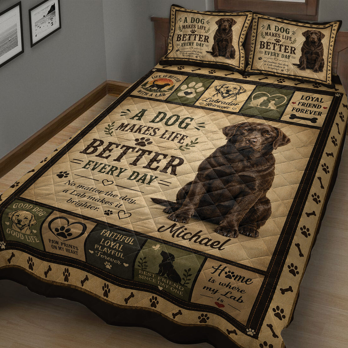 Labrador Retriever quilt blanket on a bed featuring a large dog portrait, paw prints, and loyalty-themed panels