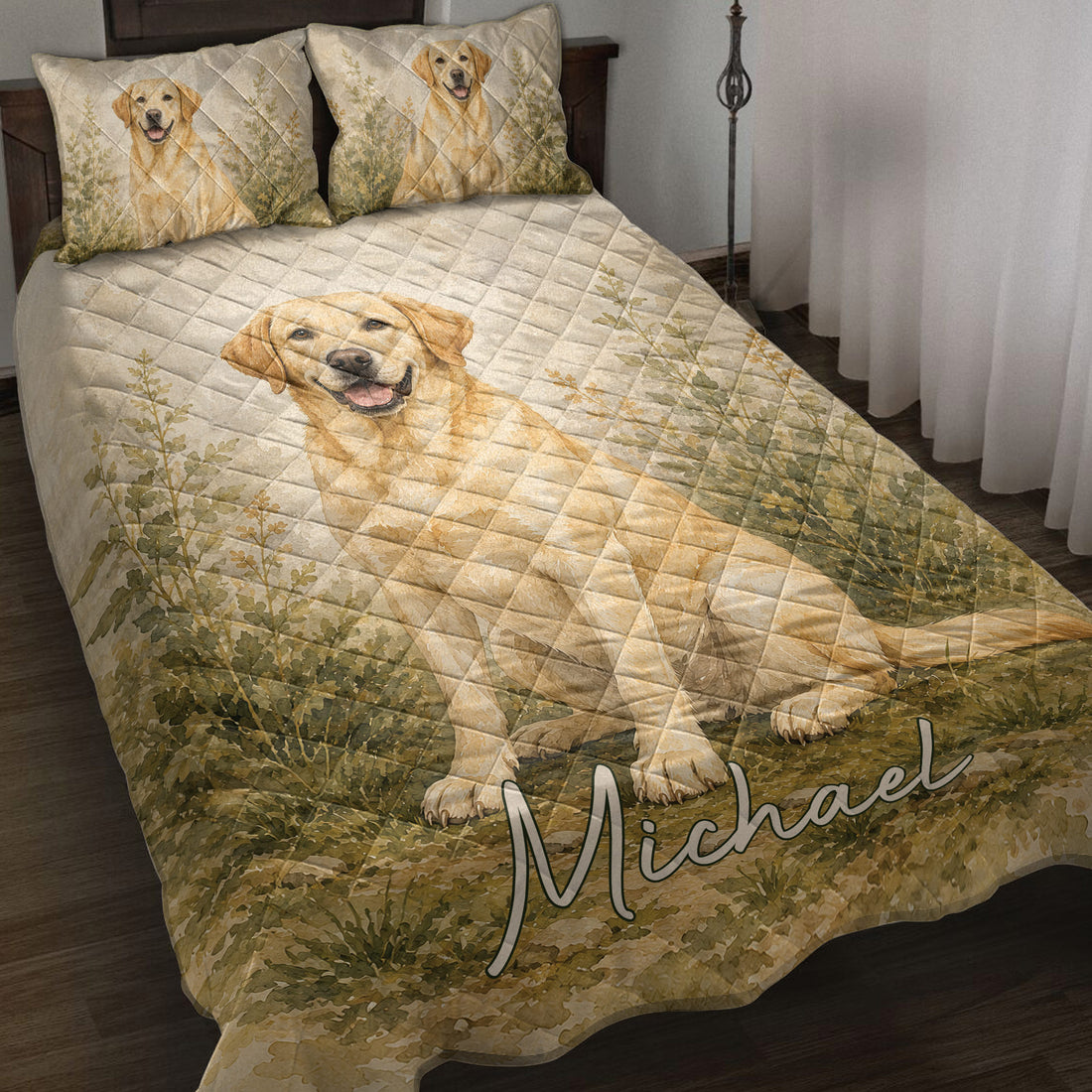 Labrador Retriever quilt blanket spread on a bed with botanical artwork and matching dog pillow designs