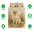 Labrador Retriever quilt bedding set shown with dog artwork, care icons, and bedroom presentation