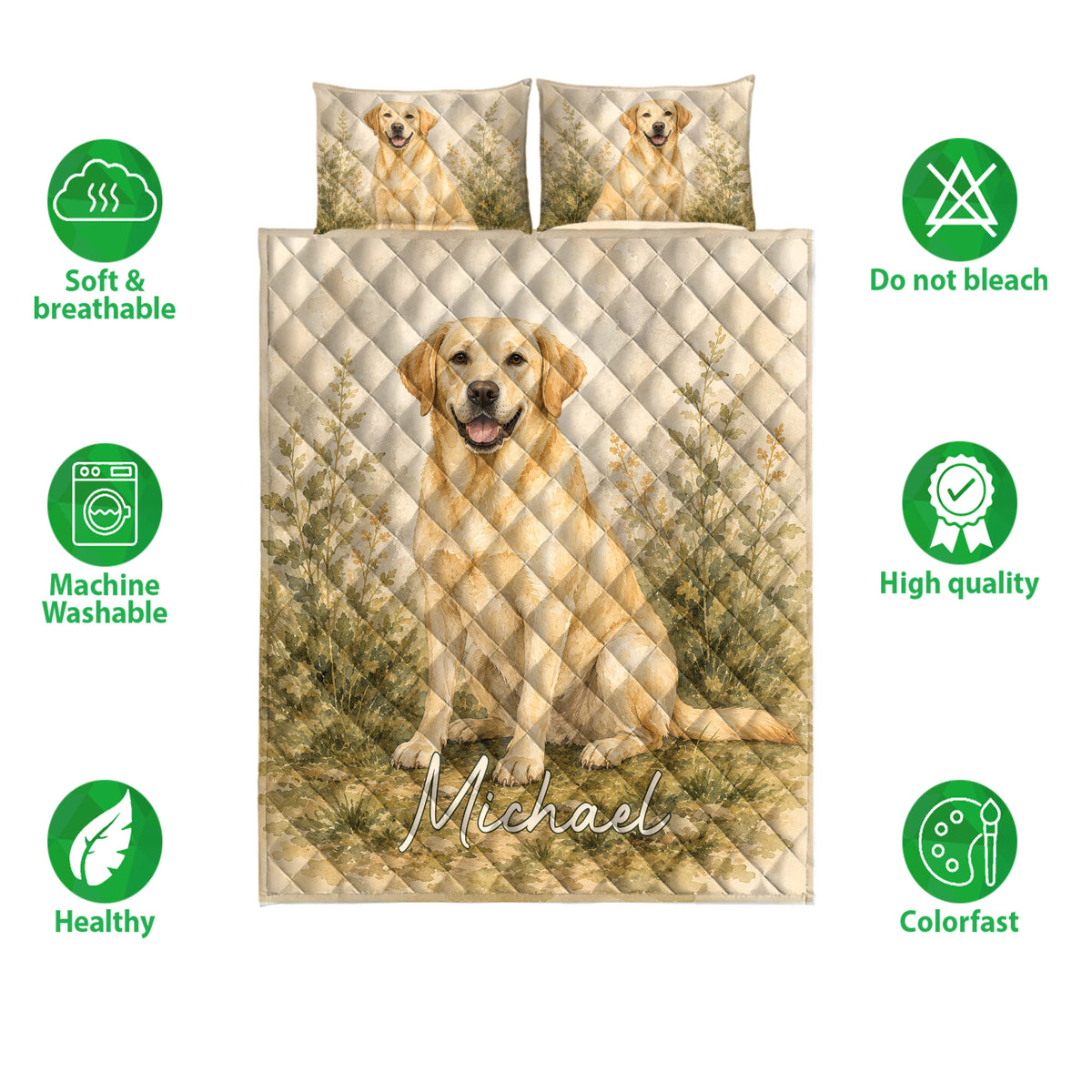 Labrador Retriever quilt bedding set shown with dog artwork, care icons, and bedroom presentation