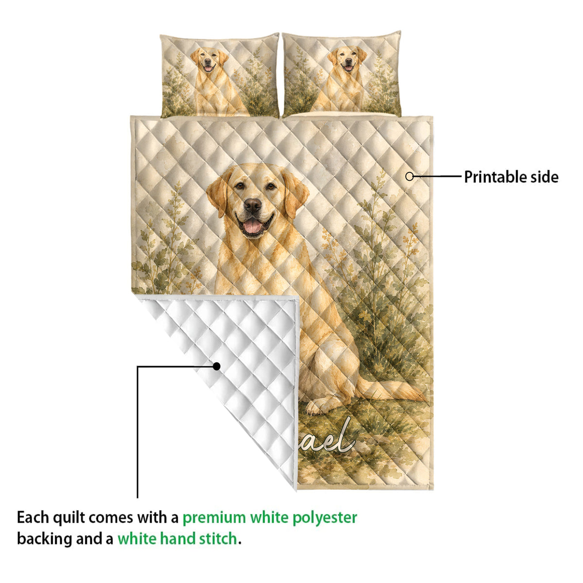 Labrador Retriever quilt showing the printed front, white quilted backing, and botanical dog artwork