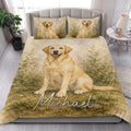 Labrador Retriever quilt blanket styled on a bedroom bed with a large seated dog and leafy accents