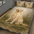 Labrador Retriever quilt bedding displayed on a bed with golden dog artwork and nature-inspired foliage