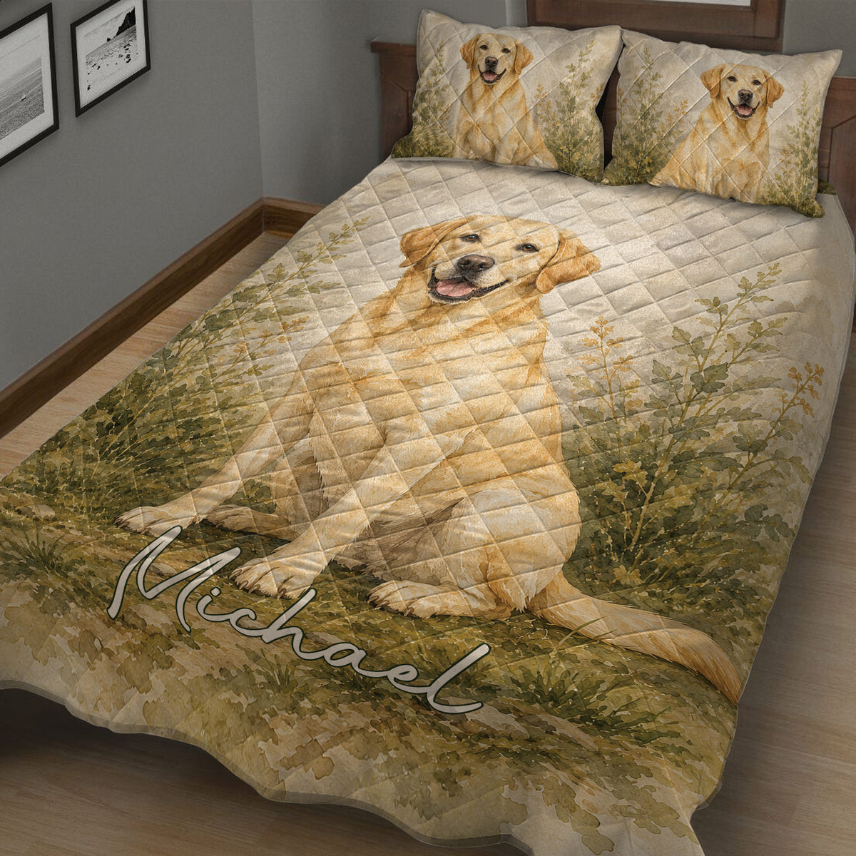 Labrador Retriever quilt bedding displayed on a bed with golden dog artwork and nature-inspired foliage