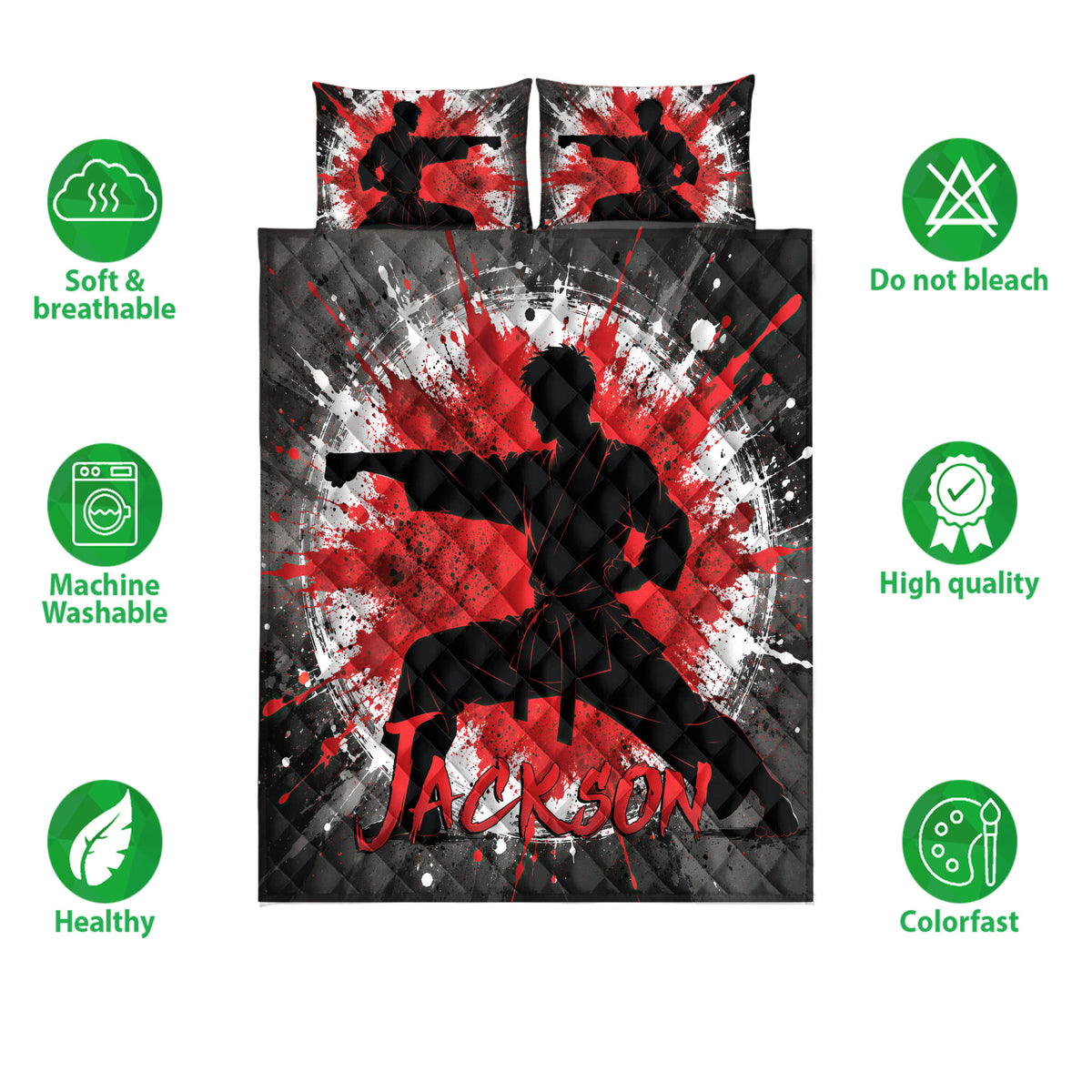 Karate quilt bedding set with martial artist silhouettes, dramatic splatter graphics, and red and black styling