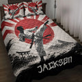 Karate quilt blanket displayed on a bed with martial artist artwork, red sun, mountains, and Japanese-inspired scenery