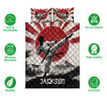Karate quilt bedding set shown with martial artist design, red sun artwork, and breathable washable feature icons