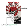 Karate quilt blanket detail showing the printed martial artist side and white quilted backing