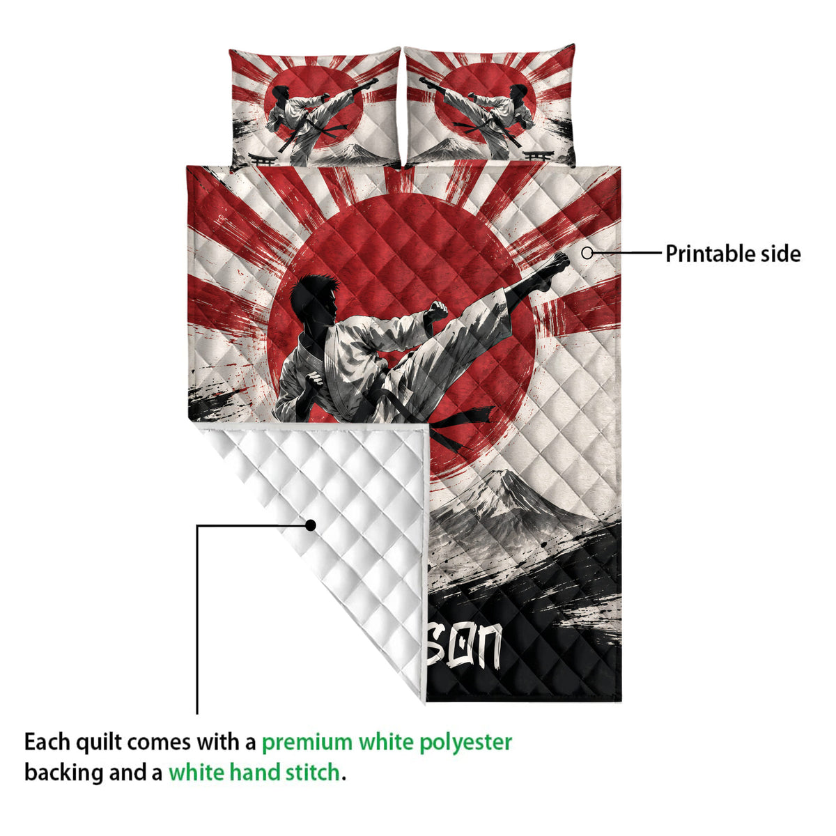 Karate quilt blanket detail showing the printed martial artist side and white quilted backing