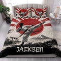 Karate quilt bedding styled in a bright bedroom with martial artist artwork and bold red, white, and black colors