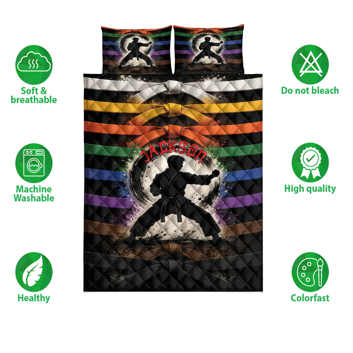 Karate quilt bedding set shown with martial artist artwork, colorful belt stripes, and a dark energetic design