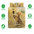 Bengal cat quilt bedding set shown with floral artwork and product feature icons