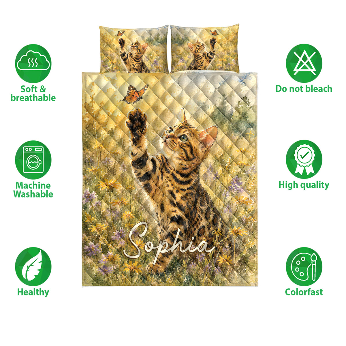 Bengal cat quilt bedding set shown with floral artwork and product feature icons
