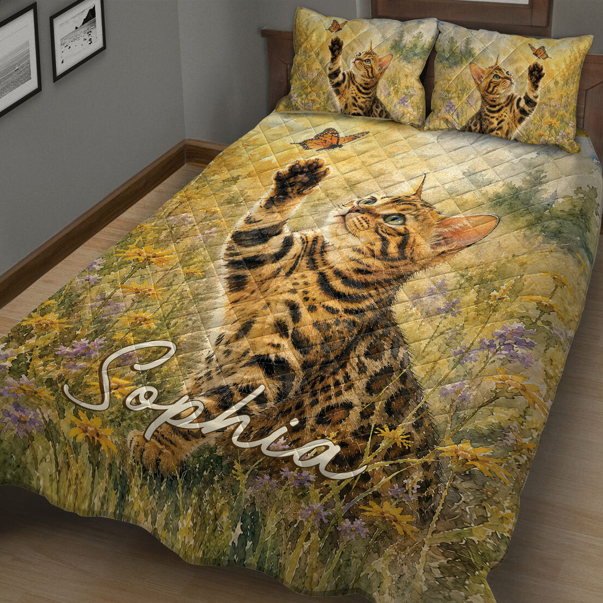 Close bedroom view of a Bengal cat quilt blanket with colorful wildflowers