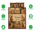 Bengal cat quilt bedding set shown flat with multiple spotted cat portraits in a rustic brown patchwork design