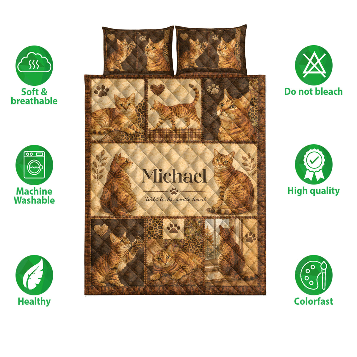 Bengal cat quilt bedding set shown flat with multiple spotted cat portraits in a rustic brown patchwork design
