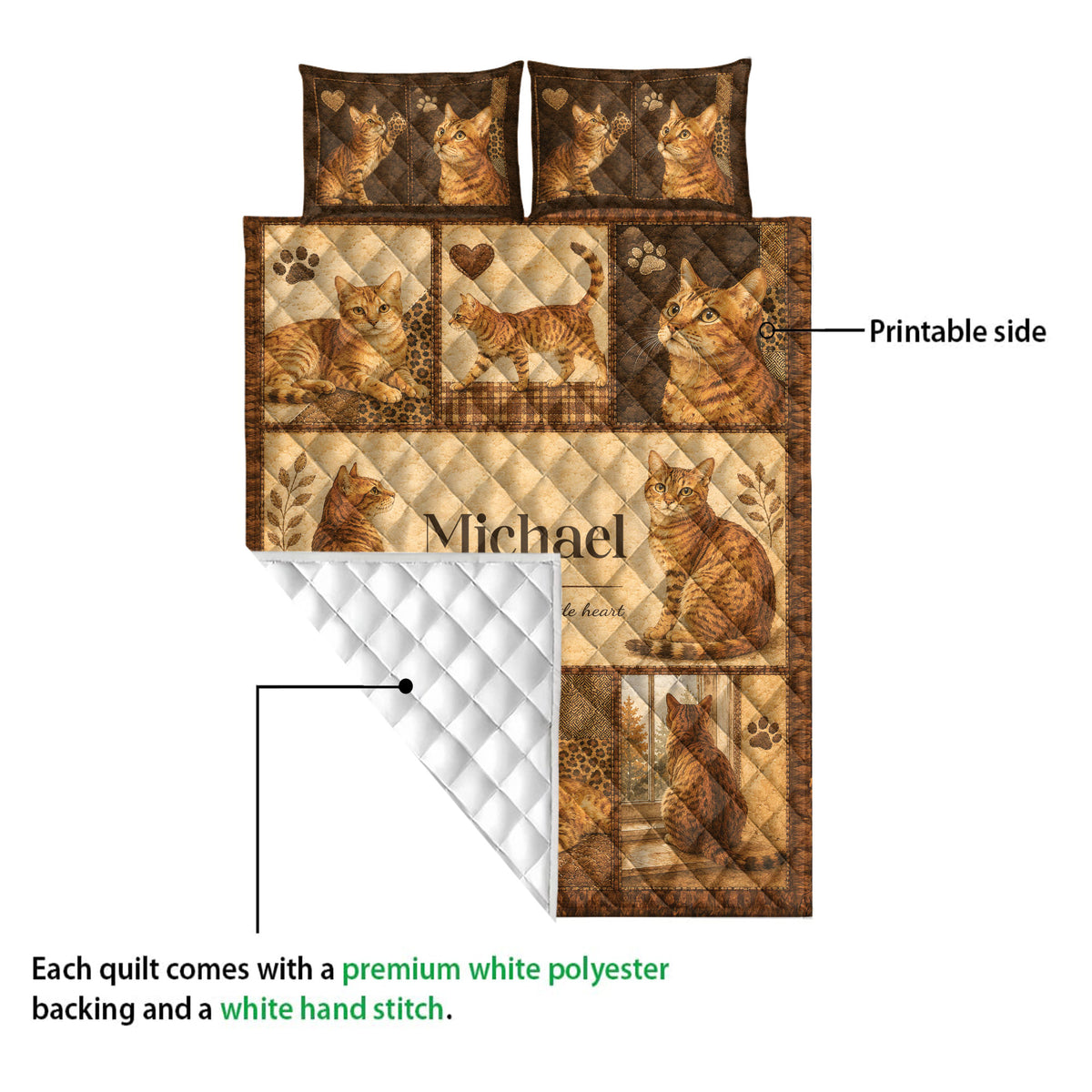 Bengal cat quilt showing the printed front artwork and white quilted backing in a detailed product view